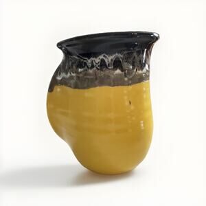 Hand Warmer Mug Coffee Cup Signed Handmade USA Black Yellow 5 In. Left Handed
